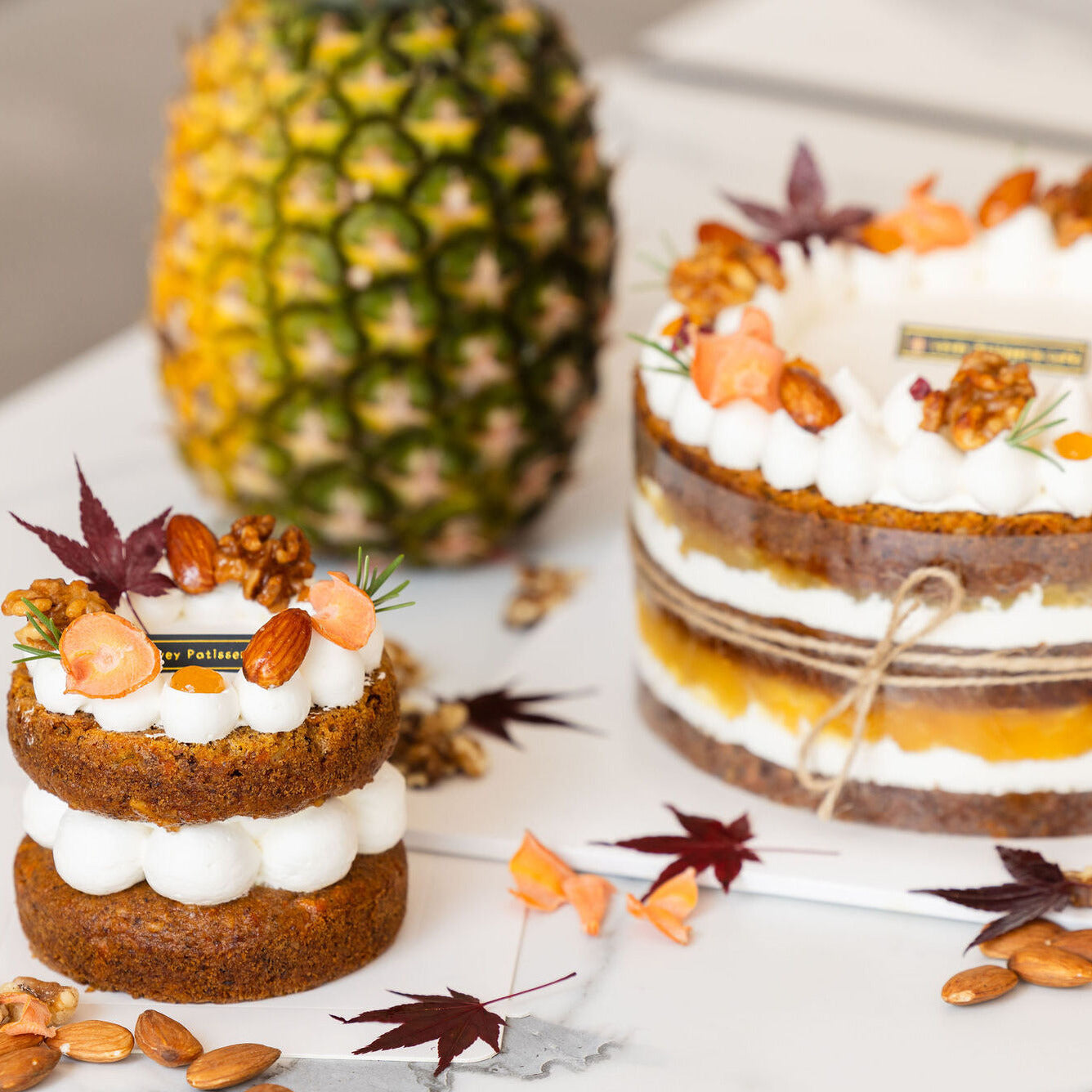 Multiple views of vegan carrot shortcake showing different angles and frosting layers.