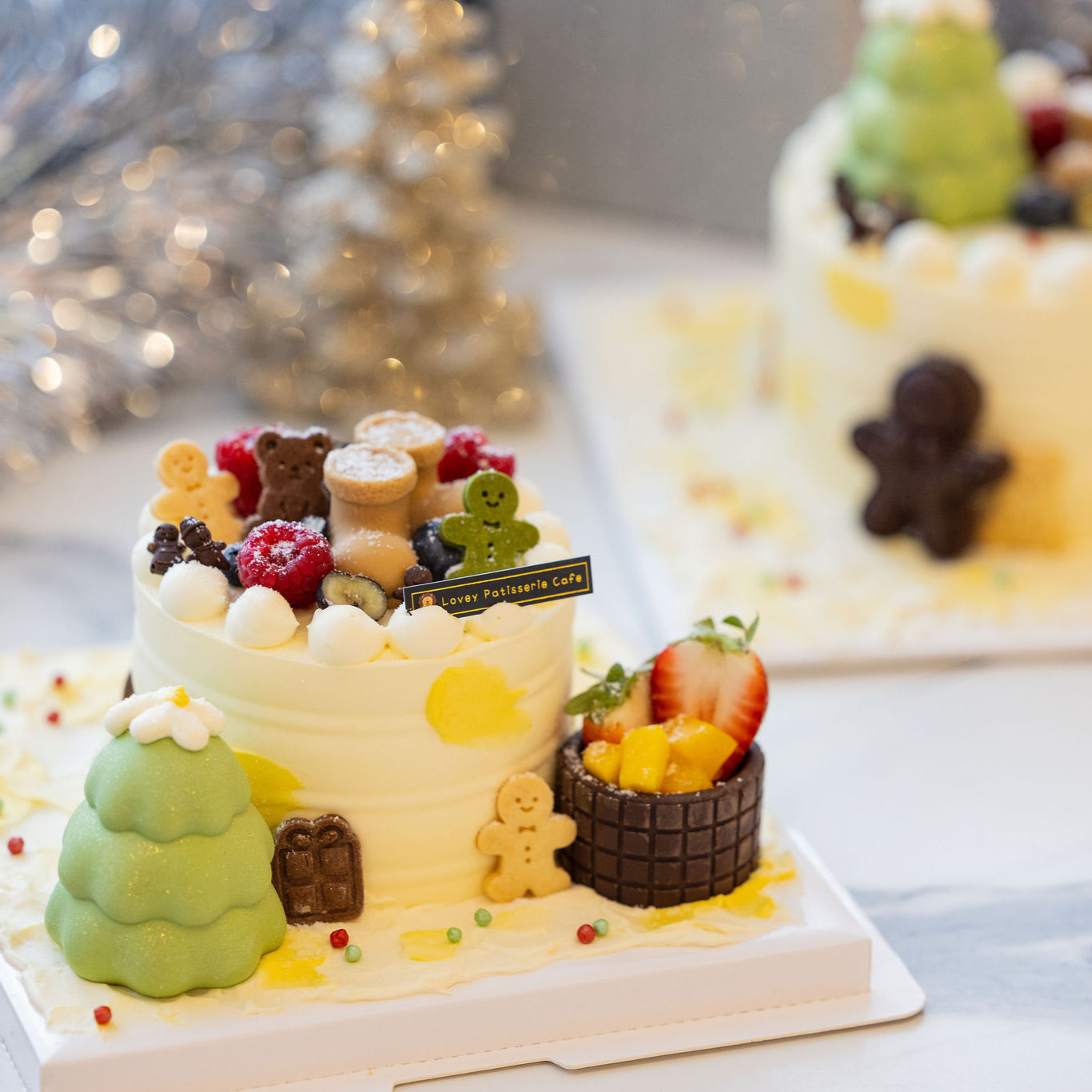 Christmas Chocolate Fantasia Strawberry Mango Shortcake served on a cake board, perfect for holiday celebrations