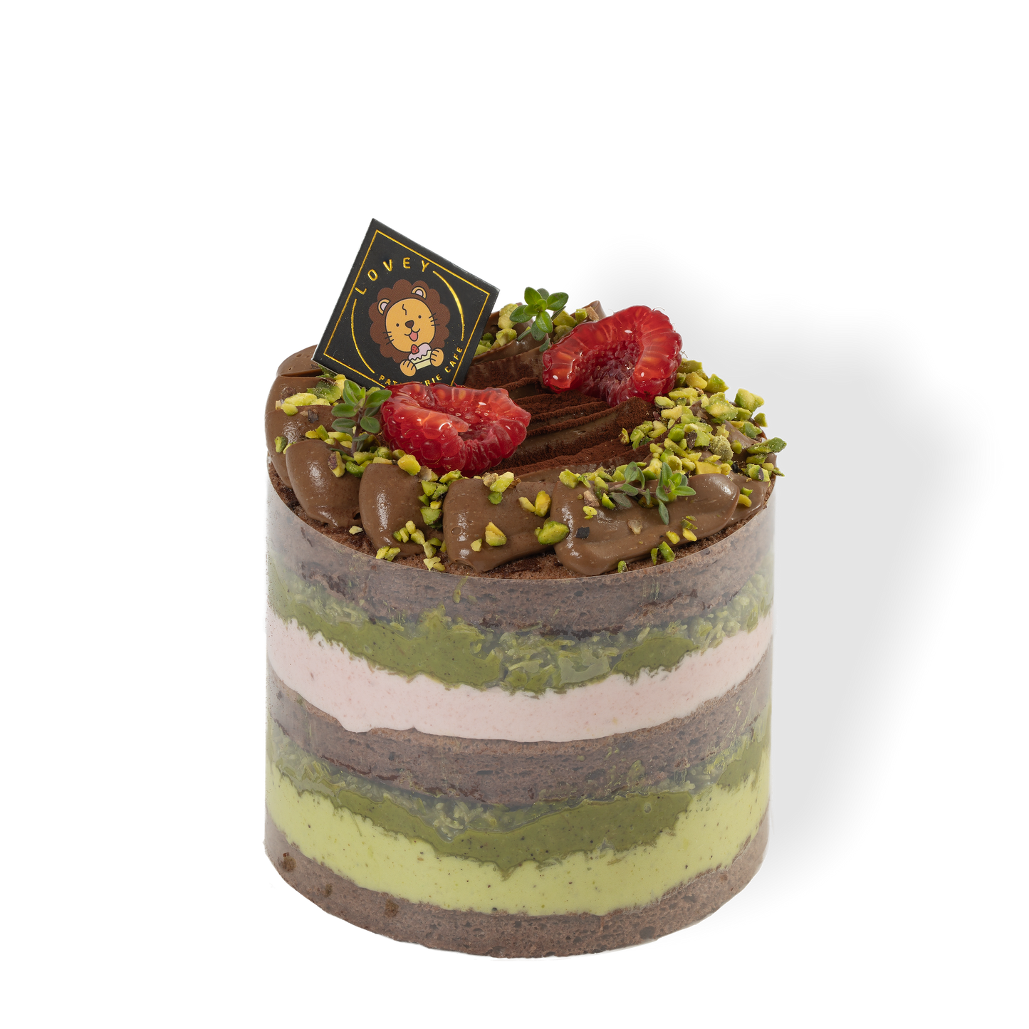 Angled view of Dubai Chocolate Pistachio Shortcake showing layered chocolate chiffon and pistachio Chantilly.