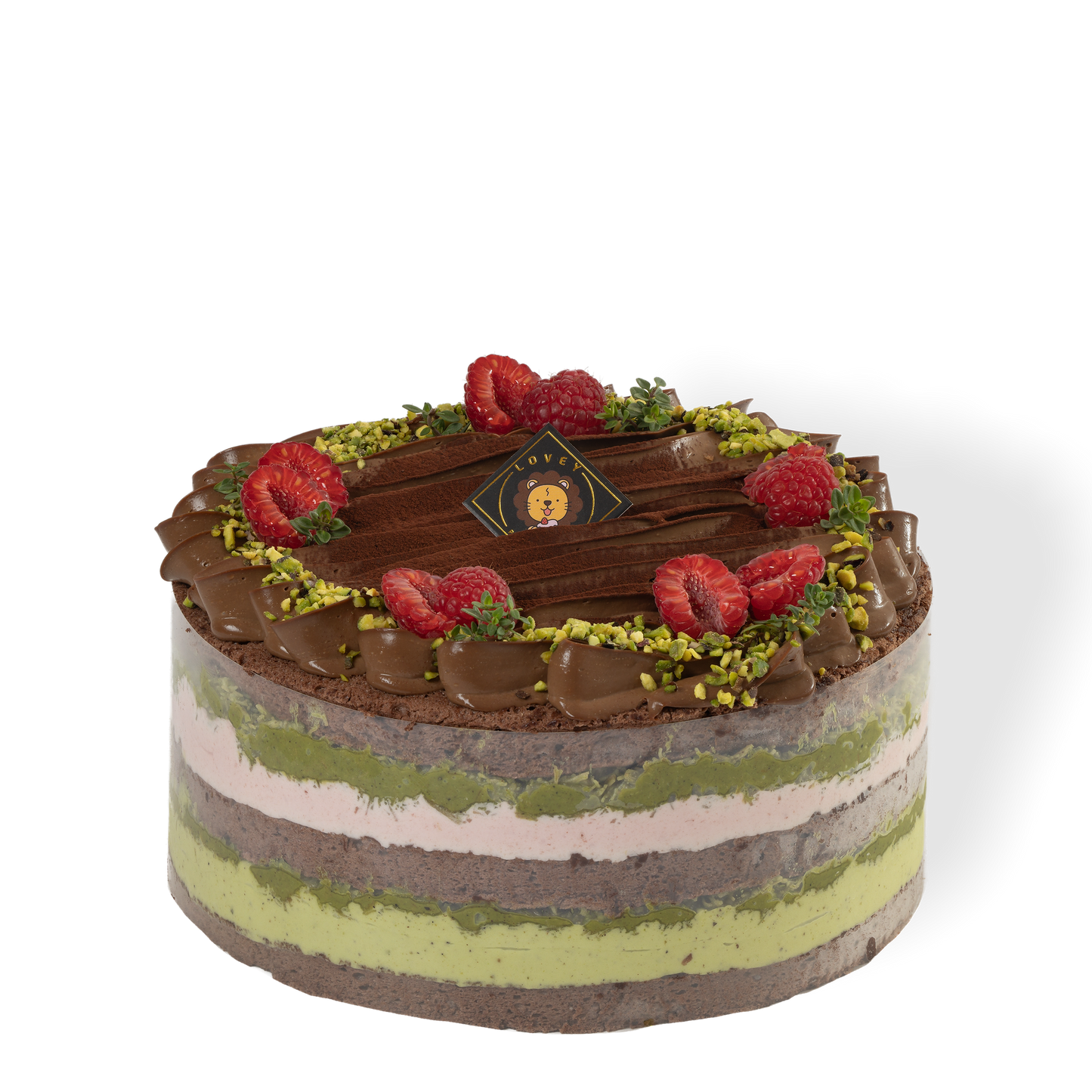 Dubai Chocolate Pistachio Shortcake with chocolate chiffon sponge, pistachio cream and fresh raspberries.