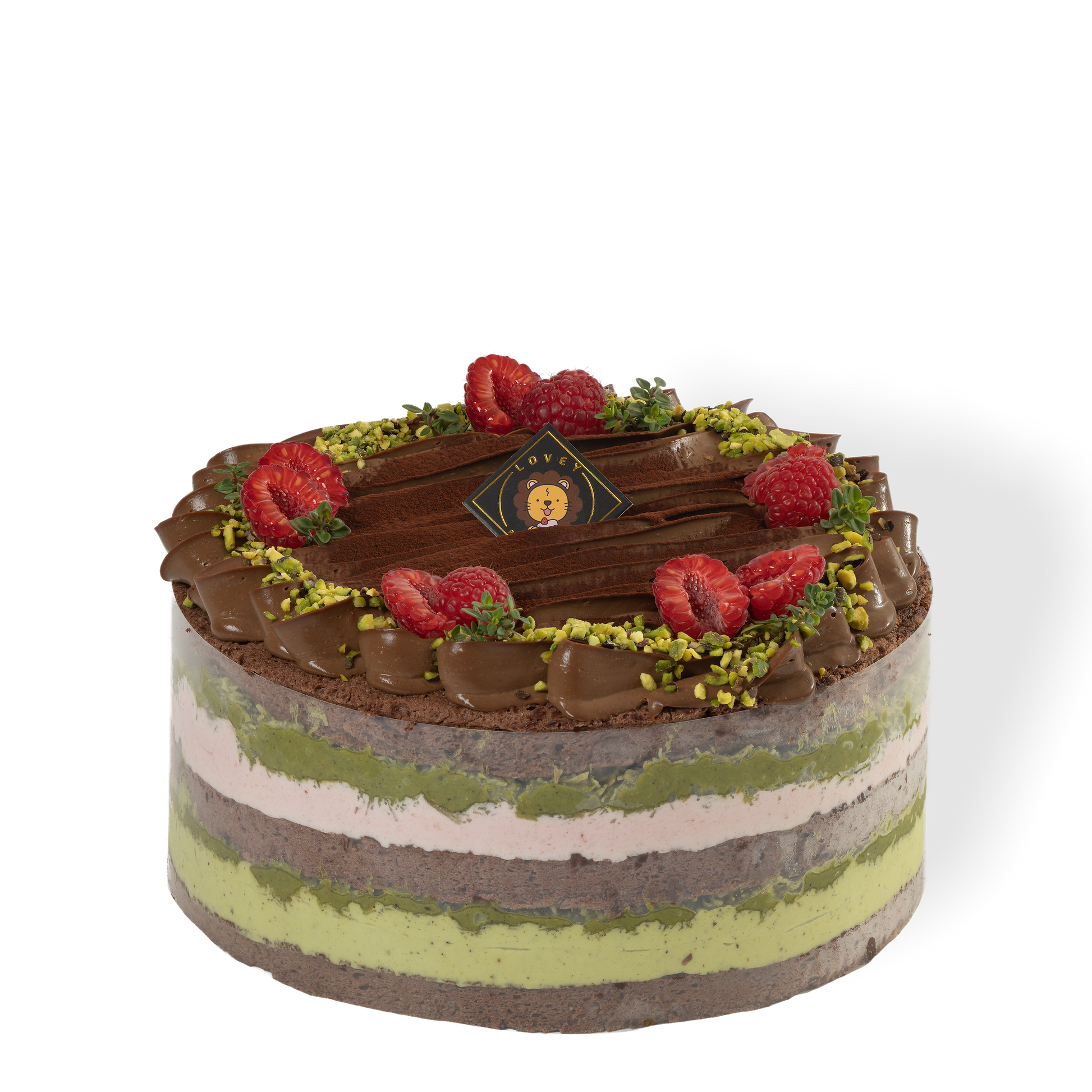 Dubai Chocolate Pistachio Shortcake with chocolate chiffon sponge, pistachio cream and fresh raspberries.