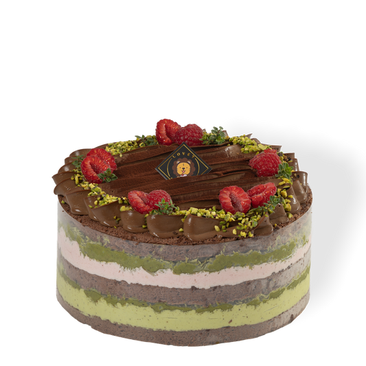 Dubai Chocolate Pistachio Shortcake with chocolate chiffon sponge, pistachio cream and fresh raspberries.