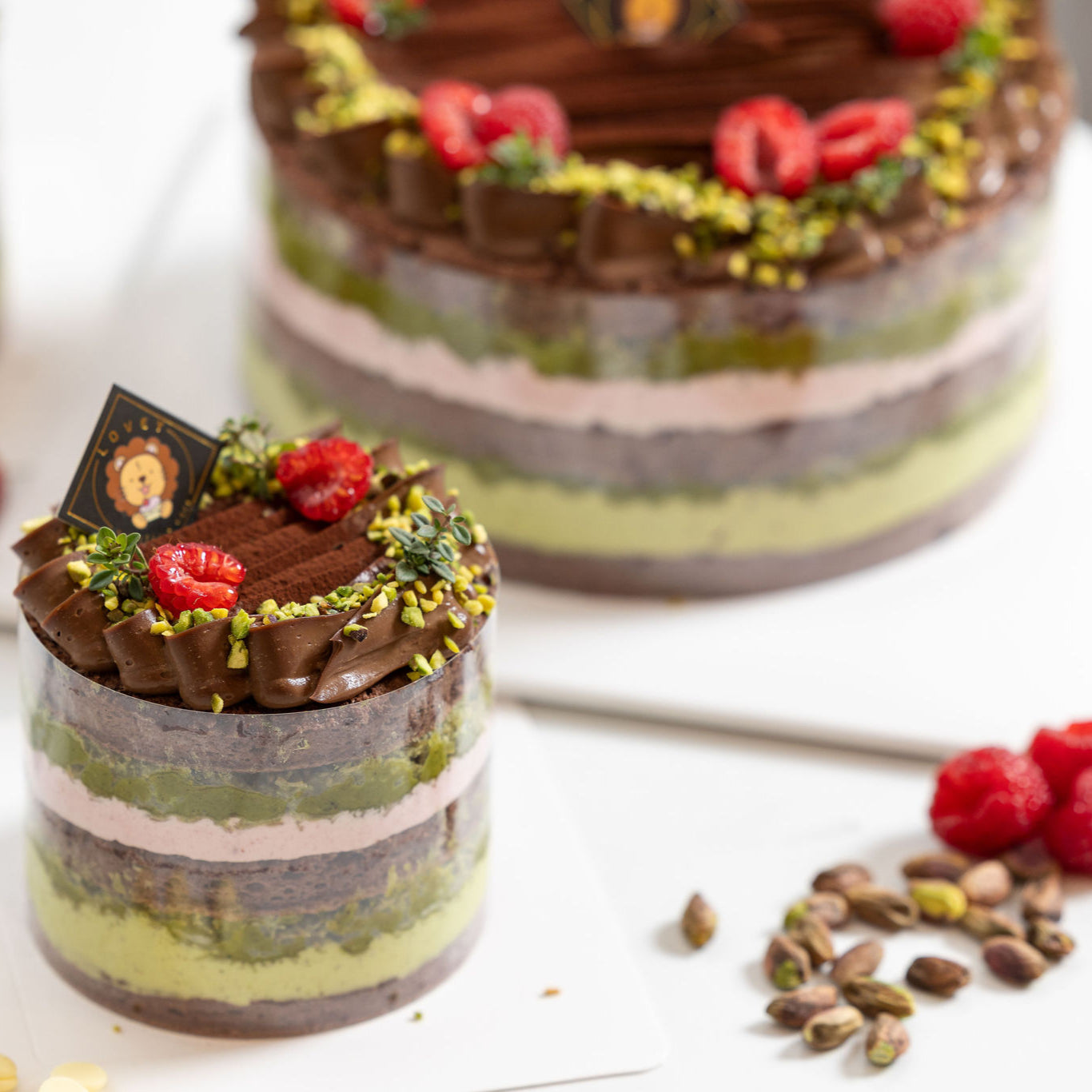 Top detail of Dubai Chocolate Pistachio Shortcake with chocolate garnish, chopped pistachios and fresh raspberries.