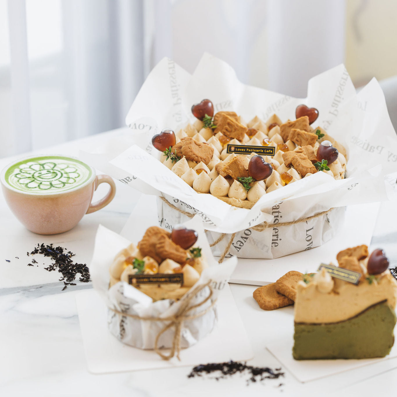 Close-up of the creamy texture and tea-infused layers in the Earl Grey and Matcha Basque Cheesecake.