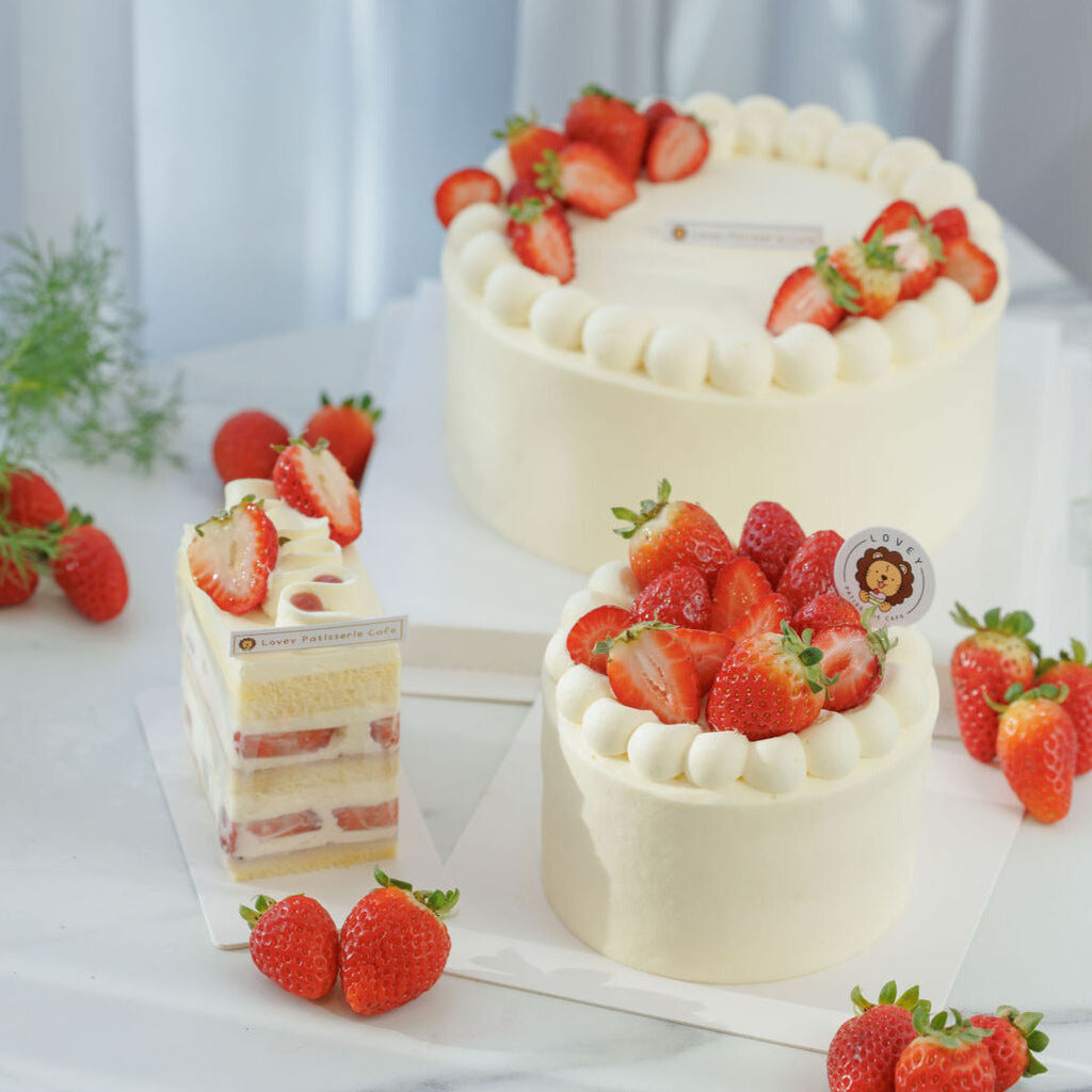 Fresh Strawberry Shortcake served on a plate, perfect dessert for celebrations, only avaliable at Lovey Patisserie Cafe in Melbourne