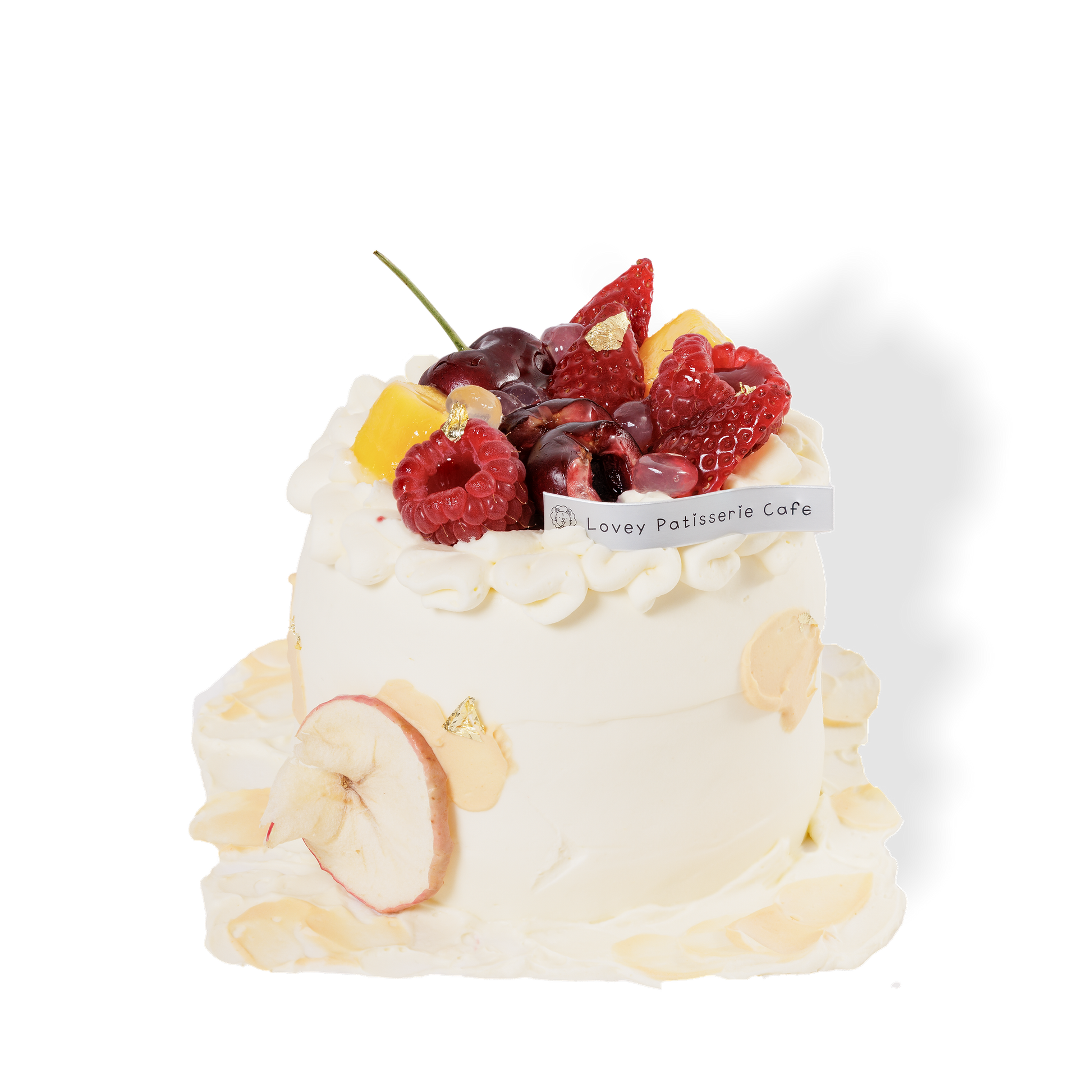 Top view of hawthorn elderflower apple shortcake with seasonal fruits and glossy jelly accents for Chinese New Year.