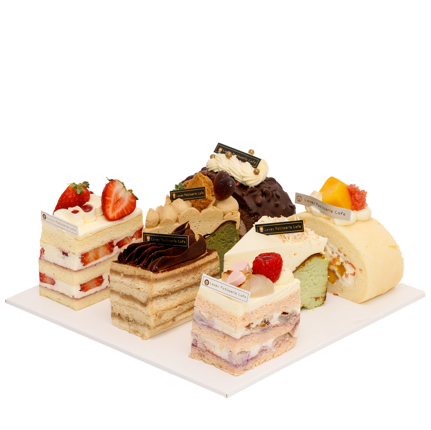 Overview of Lovey’s Slice Family Box with assorted Asian-inspired cake slices in Melbourne.